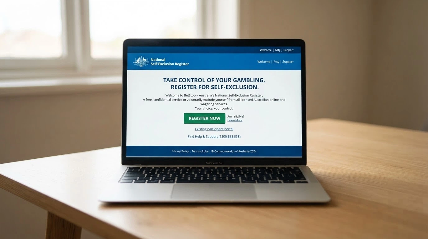 A screen showing the BetStop registration landing page with the words “Register to self-exclude from all licensed Australian online and phone wagering services”