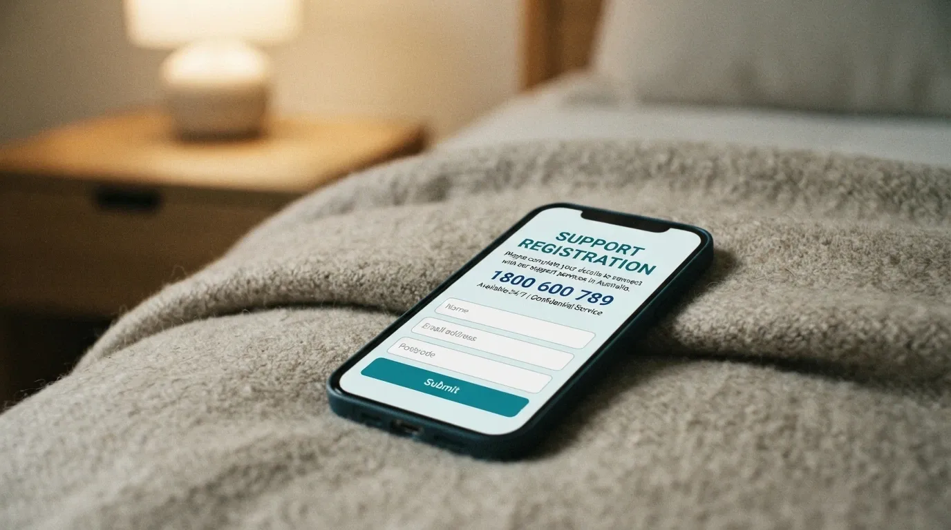 A smartphone screen showing the BetStop registration page or the Gambling Help Online homepage with the 1800 858 858 helpline number visible