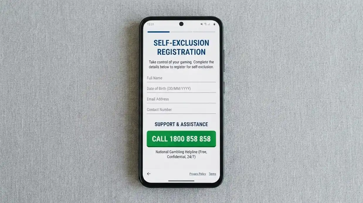 A smartphone screen displaying the BetStop National Self-Exclusion Register homepage or registration interface, with the 1800 858 858 helpline number visible in the frame