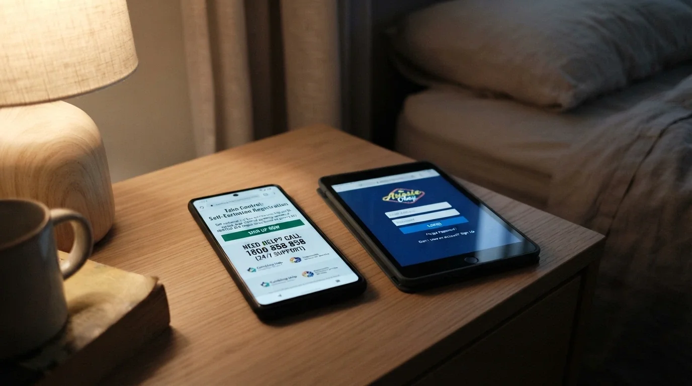 The BetStop.gov.au homepage on a smartphone, with the registration button prominent and a gambling helpline number displayed — beside it, a no-KYC casino login screen with no self-exclusion option visible