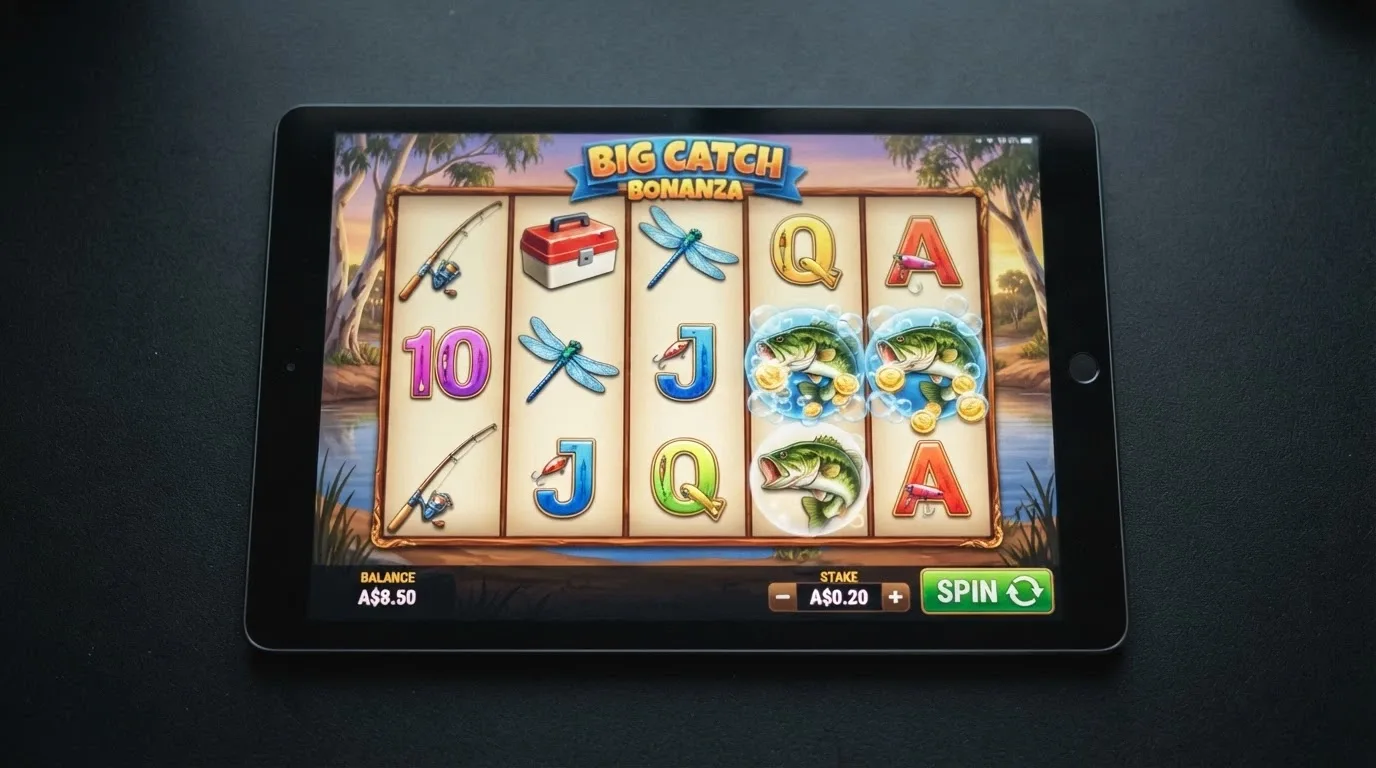The Big Bass Bonanza slot reels in play, showing the 5×3 grid with fishing-themed symbols, the balance at around A$8.50 and the stake set to A$0.20 per spin