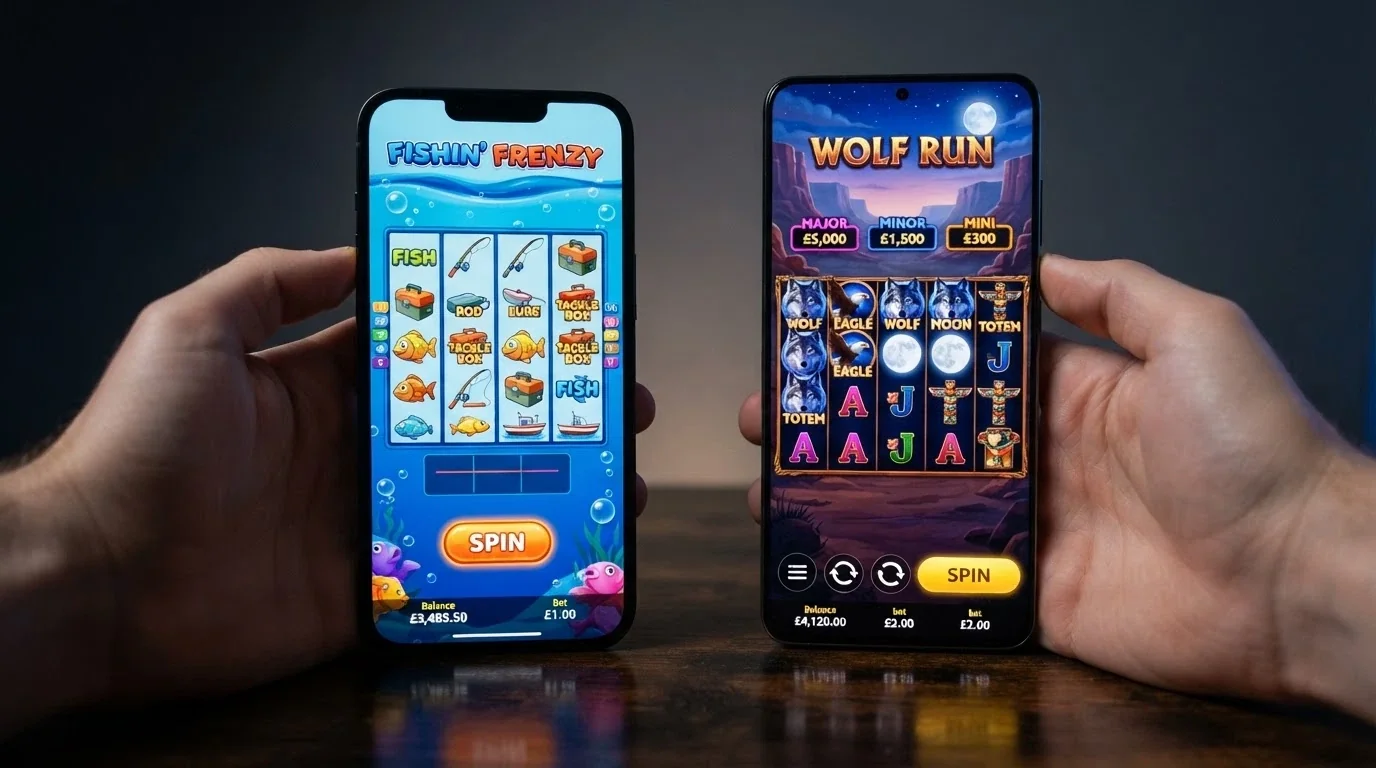 A split-screen showing Big Bass Splash on the left and Wolf Treasure on the right, both in mobile-browser view with the spin button and bet-amount selector visible