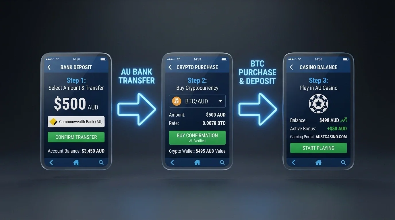 A three-step diagram showing an Australian bank app, a crypto exchange interface and a casino balance screen connected by arrows