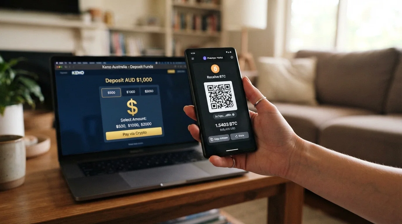 A smartphone displaying a cryptocurrency wallet QR code next to a keno casino deposit screen