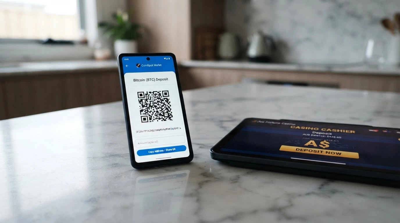A smartphone displaying a Bitcoin wallet QR code next to a casino deposit screen, Australian dollar symbols visible on the interface