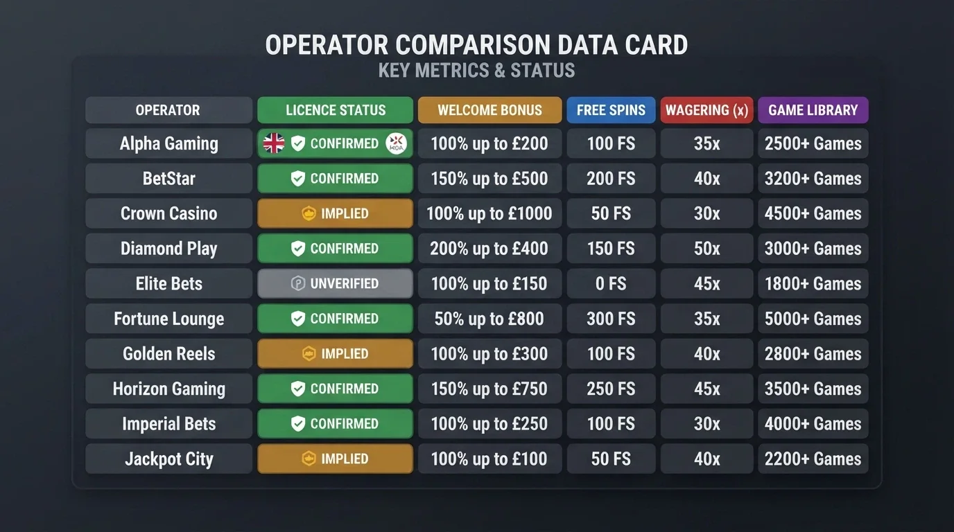 A side-by-side comparison layout showing operator names, bonus amounts and key stats in a clean table format