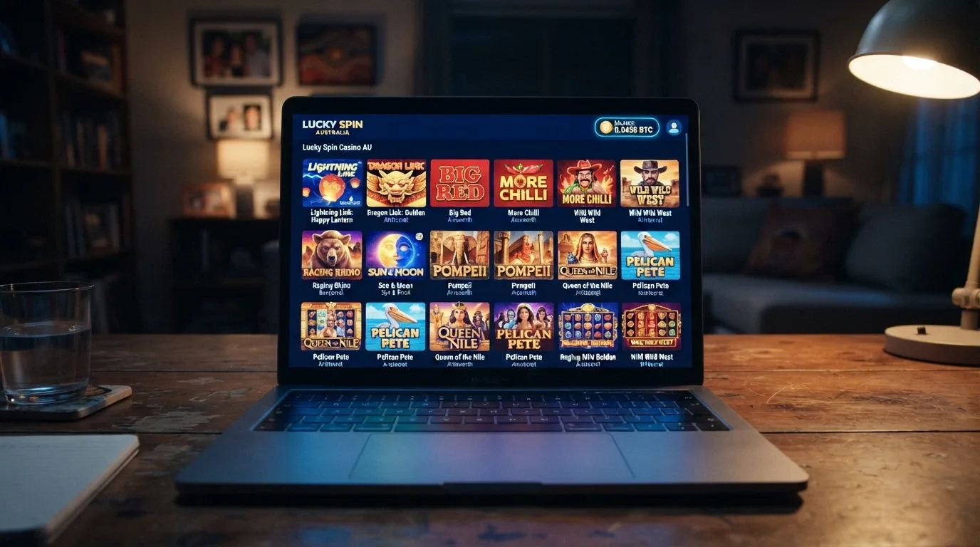 An online pokies lobby showing game thumbnails with titles, provider names and a Bitcoin deposit balance in the corner