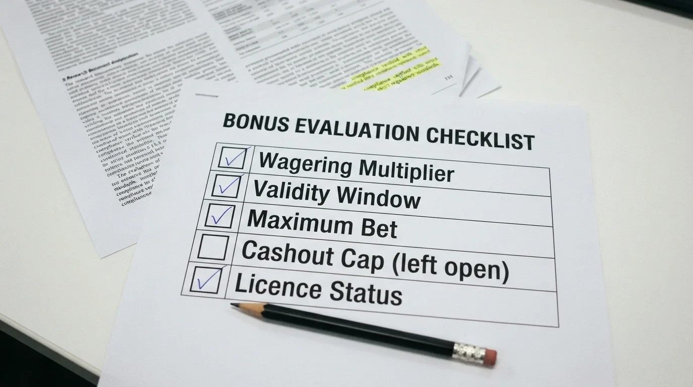 A checklist of evaluation criteria — wagering, validity, cap, max bet, licence status — overlaid on a research document