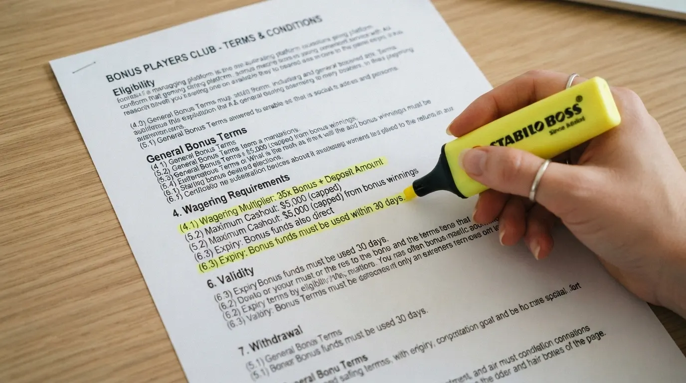 A close-up of bonus terms and conditions text with a highlighter marking the wagering multiplier, max cashout and expiry clauses