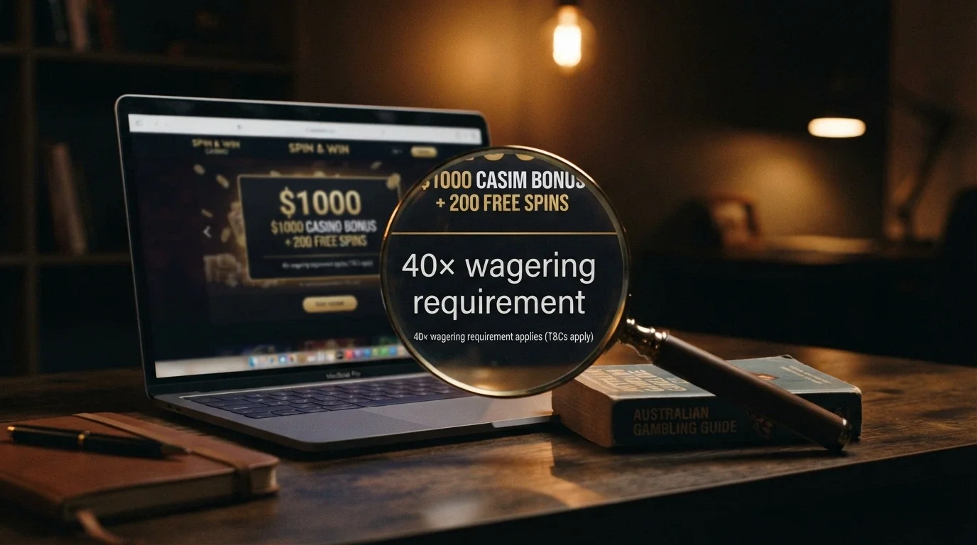 A casino bonus pop-up showing “up to A$10,000 Welcome Bonus” in large text, with a magnifying glass hovering over the fine print revealing “40× wagering requirement”