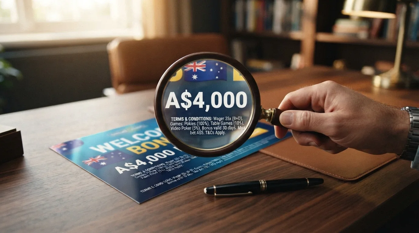A welcome-bonus headline figure (A$4,000) under a magnifying glass, revealing the fine print beneath: wagering multiple, game weighting, and a validity-window countdown.