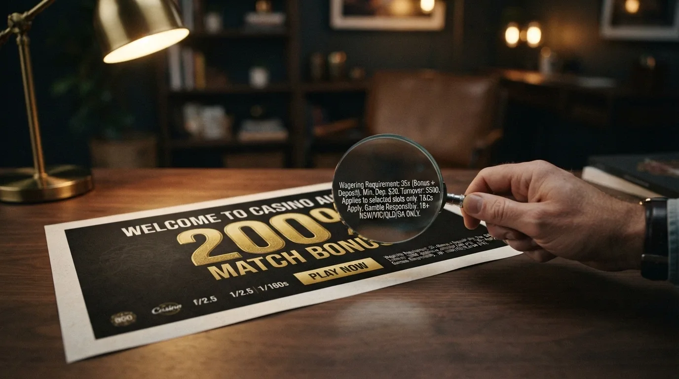 A welcome-bonus banner reading a large percentage match figure, with a magnifying glass hovering over the fine-print wagering requirement below it