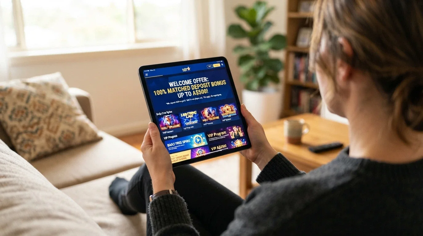 A casino promotions page with a welcome-bonus banner reading “100% up to $5,000” and fine print beneath it stating “minimum deposit $20 to qualify”
