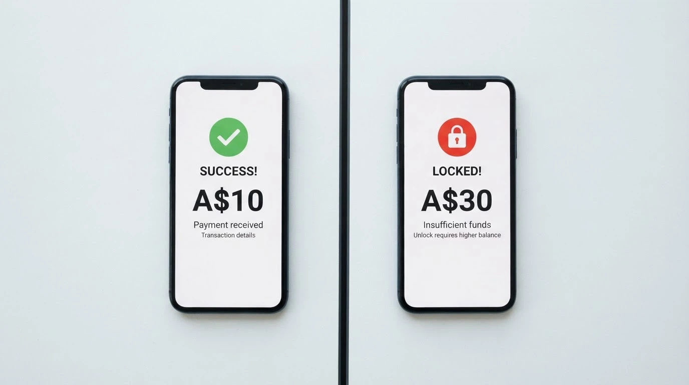A split composition: on the left a smartphone showing “Deposit A$10 — Accepted”, on the right the same phone showing “Bonus requires A$30 minimum”