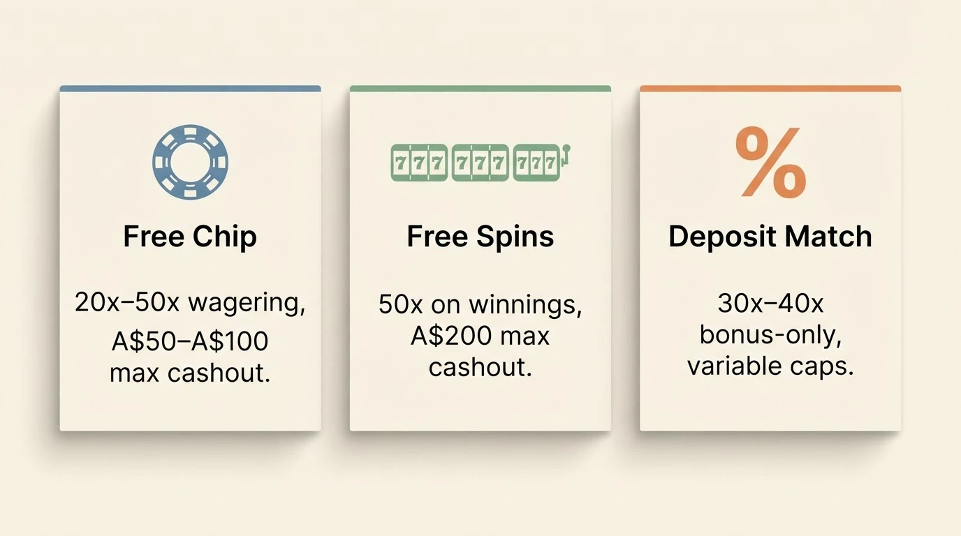 A simple visual comparison of three bonus types — free chip, free spins and deposit match — with their typical wagering and cashout figures