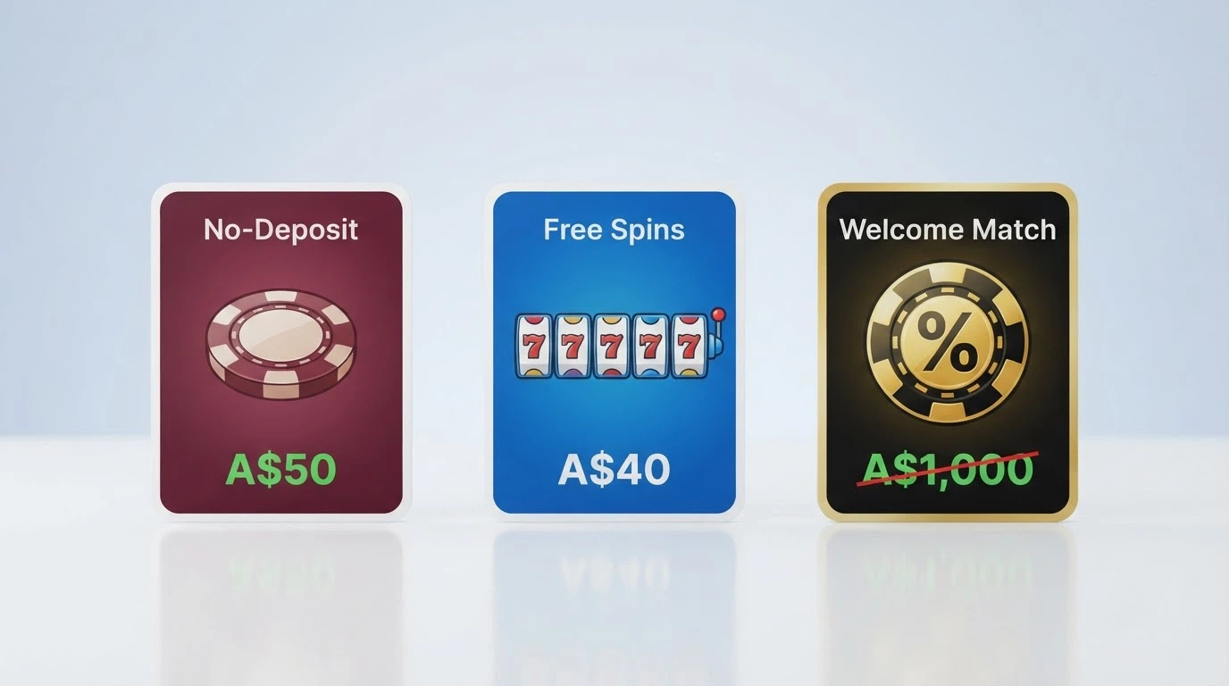 Three illustrated cards labelled No-Deposit Chip, Free Spins and Welcome Match, each showing its typical cashout cap in Australian dollars