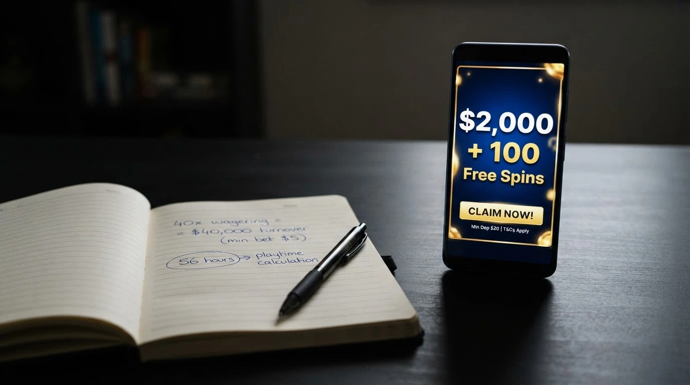 A smartphone displaying a casino welcome-bonus banner (A$2,000 + 100 Free Spins) with a calculator overlaid showing the real turnover figure: A$40,000