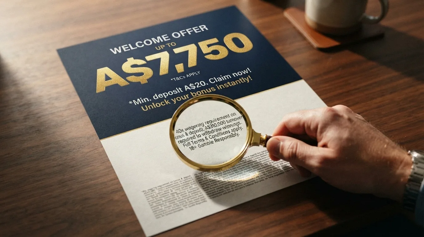 A casino welcome-offer banner with the headline figure in large type, and a magnifying glass over the wagering-requirements fine print below it