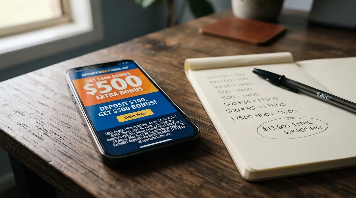 A close-up of a smartphone screen showing a bonus-offer pop-up, with a magnified callout highlighting the wagering-requirement fine print and a calculator overlay