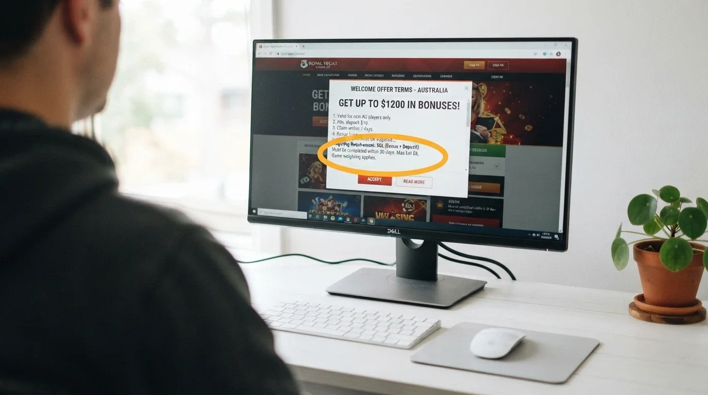 A casino bonus terms pop-up on a desktop screen with the wagering requirement figure circled or highlighted
