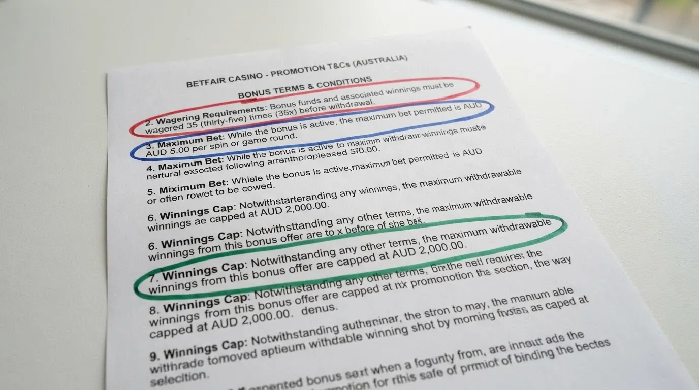 A close-up of bonus terms and conditions text with the wagering multiplier, max-bet rule and cashout cap highlighted