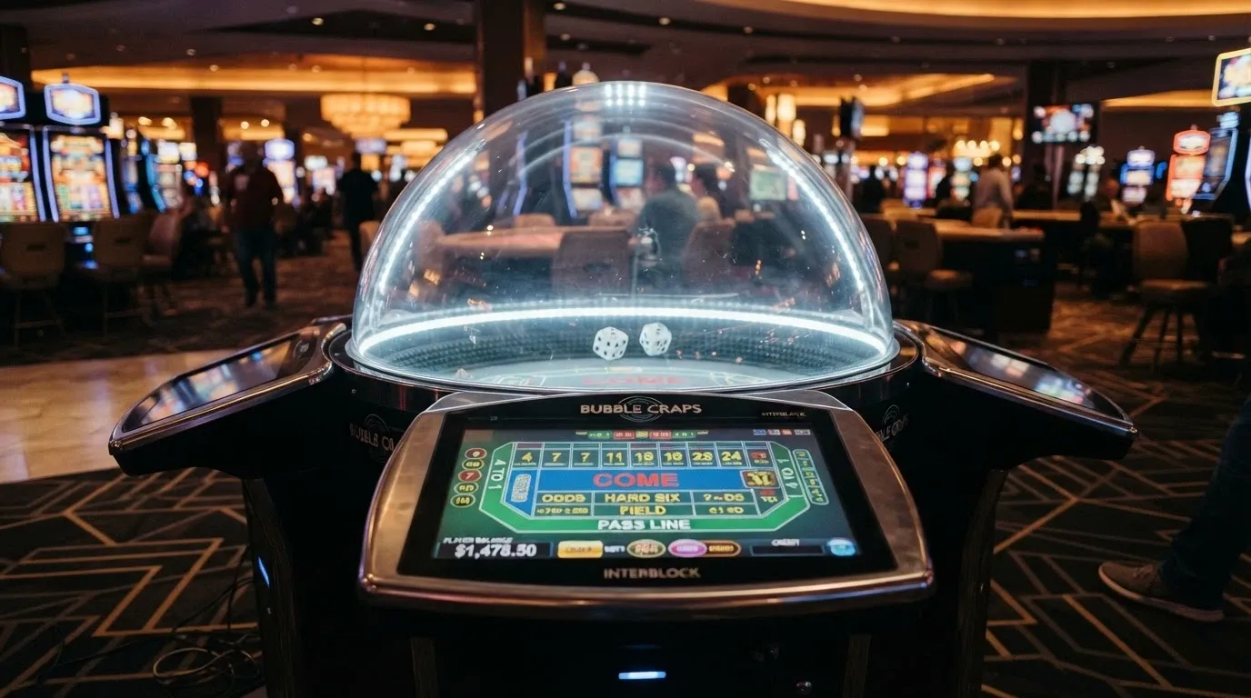 A bubble craps machine with its dome and digital screen, showing the dice and the betting interface