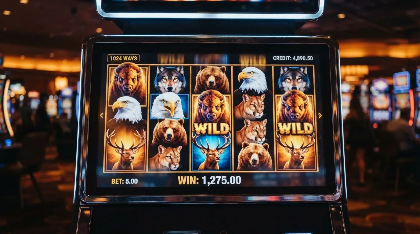 A close-up of Buffalo's reels mid-spin showing the wildlife symbols, stacked wilds and the 1,024-ways win format that made the title famous
