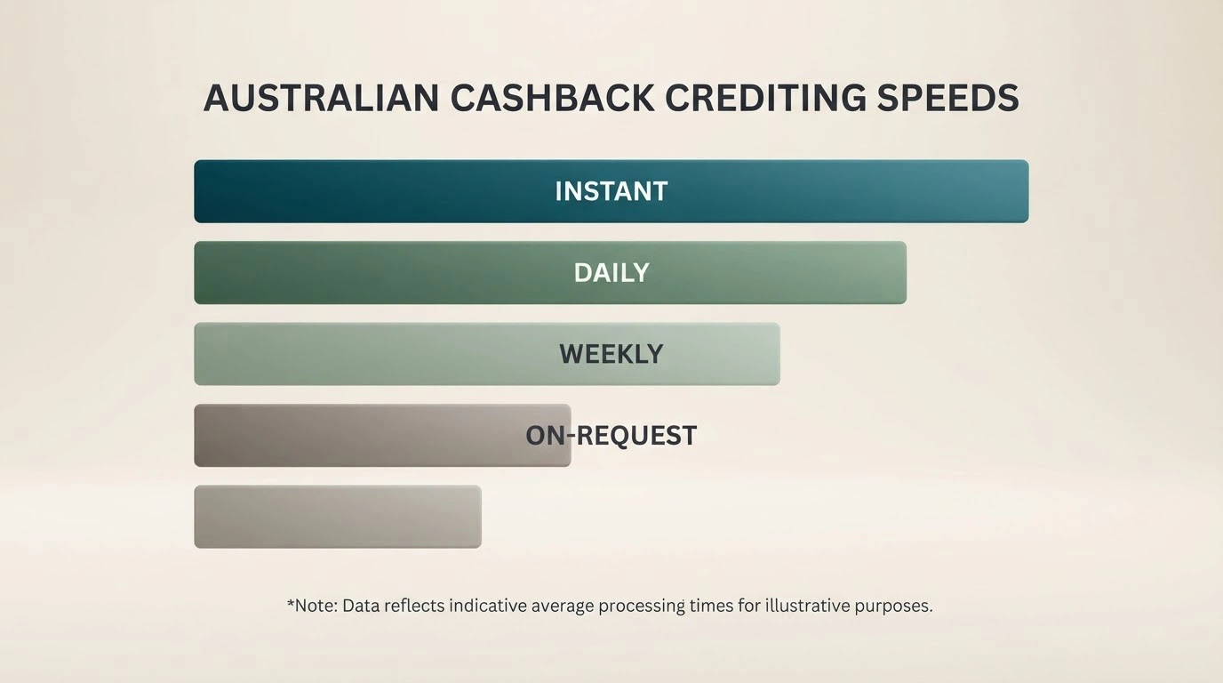 A bar chart ranking operators by cashback crediting speed from instant (Stake) through daily (Cleobetra) and weekly (SkyCrown, Royal Reels, Wild Tokyo, JustCasino) to manual on-request (Fair Go)