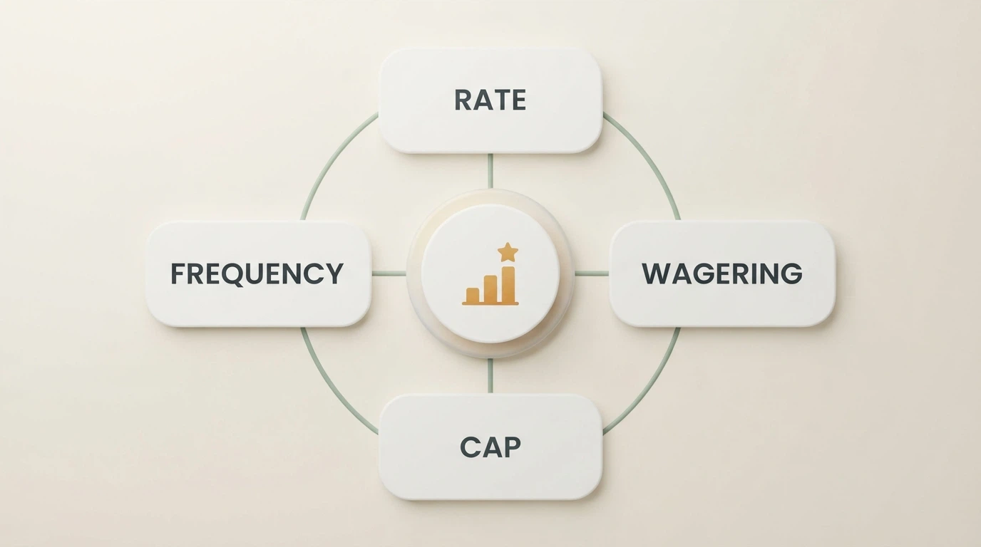 A visual framework showing the four-factor cashback evaluation model — cashback rate, wagering multiplier, weekly cap and crediting frequency — arranged as interlocking criteria around a central ranking