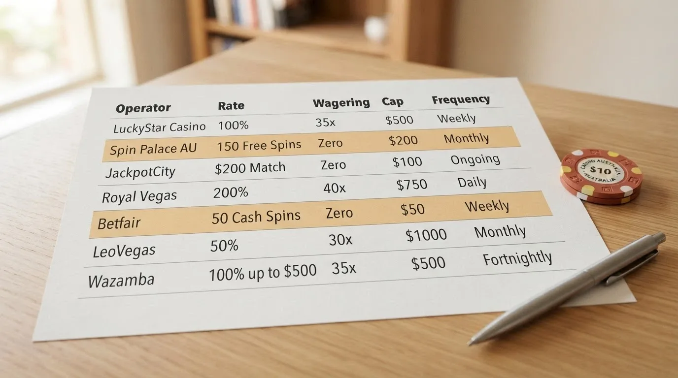 A comparison table layout with operator names in the left column and cashback rate, wagering, cap and frequency columns to the right, colour-coded by zero-wagering status