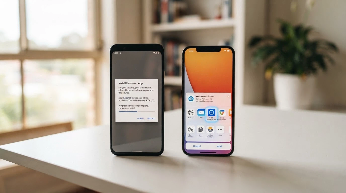 Two phones side by side — an Android showing the .apk install prompt and an iPhone showing the “Add to Home Screen” Safari menu
