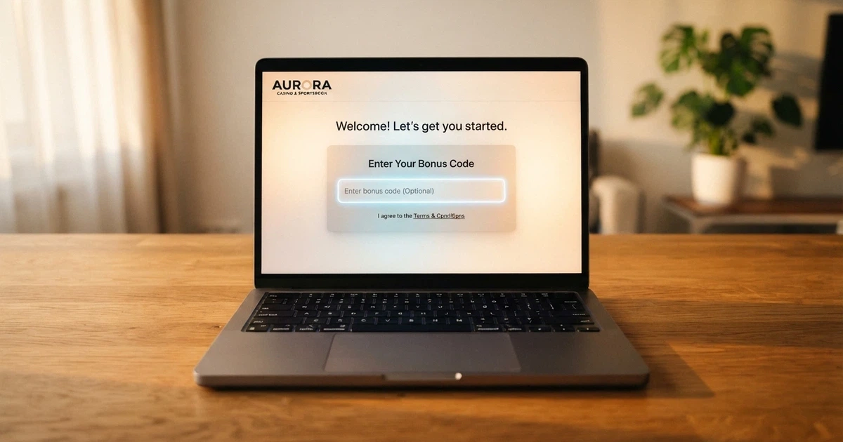 A laptop screen showing an online casino registration page with a bonus code entry field highlighted and the terms-and-conditions link visible below it