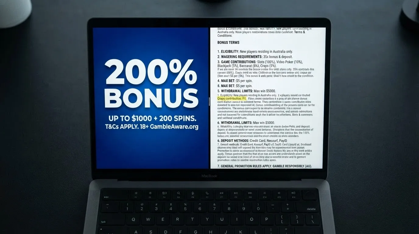 A welcome bonus banner beside a terms-and-conditions panel, with the 5% craps contribution line highlighted
