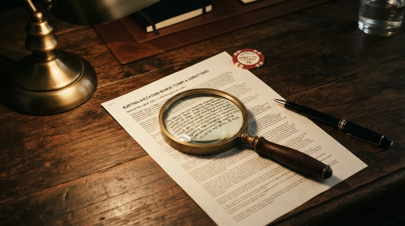 A magnifying glass held over casino bonus terms and conditions, with wagering requirements and validity periods highlighted in the fine print