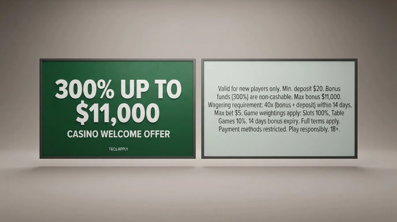 A split-screen visual: on one side a bold “300% UP TO A$11,000” banner, on the other the small-print wagering terms showing 40x turnover
