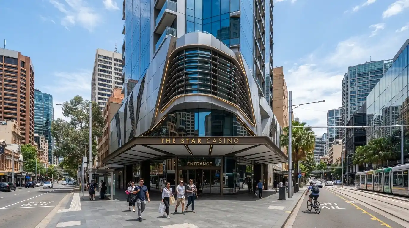 Wide shot of Casino Canberra building exterior showing the modernised façade in the Canberra CBD