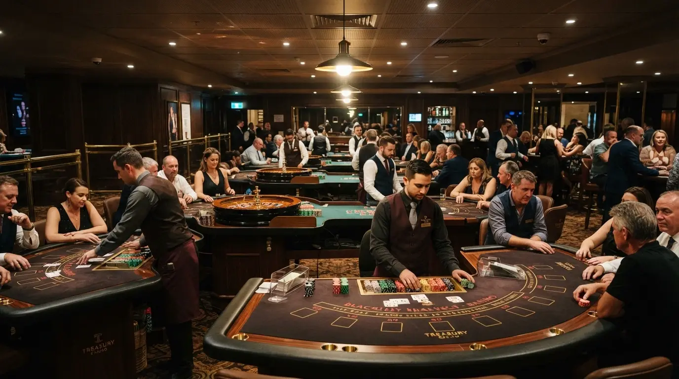 Rows of gaming tables on the Casino Canberra floor with dealers and players, blackjack and roulette layouts visible