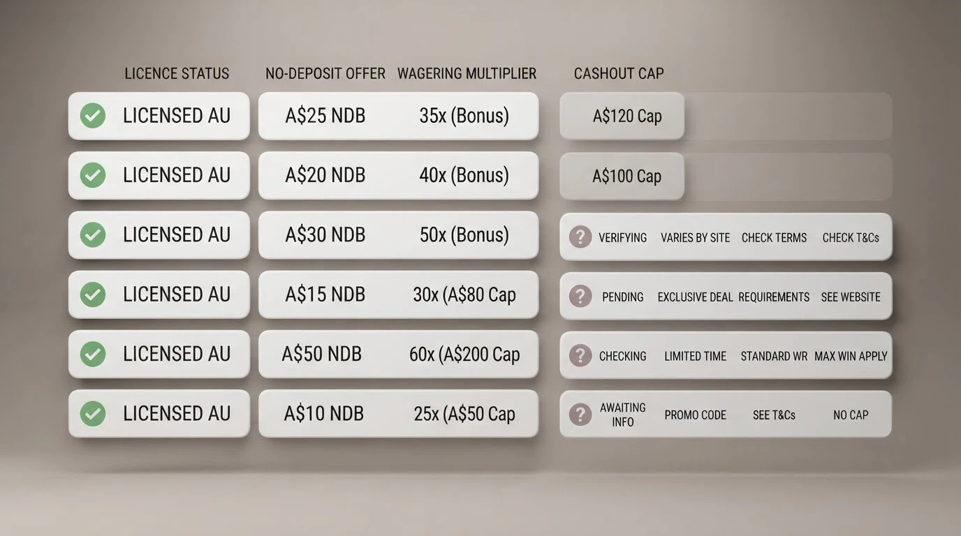A visual representation of a comparison table with operator names and bonus-offer columns, styled as a clean infographic rather than a spreadsheet