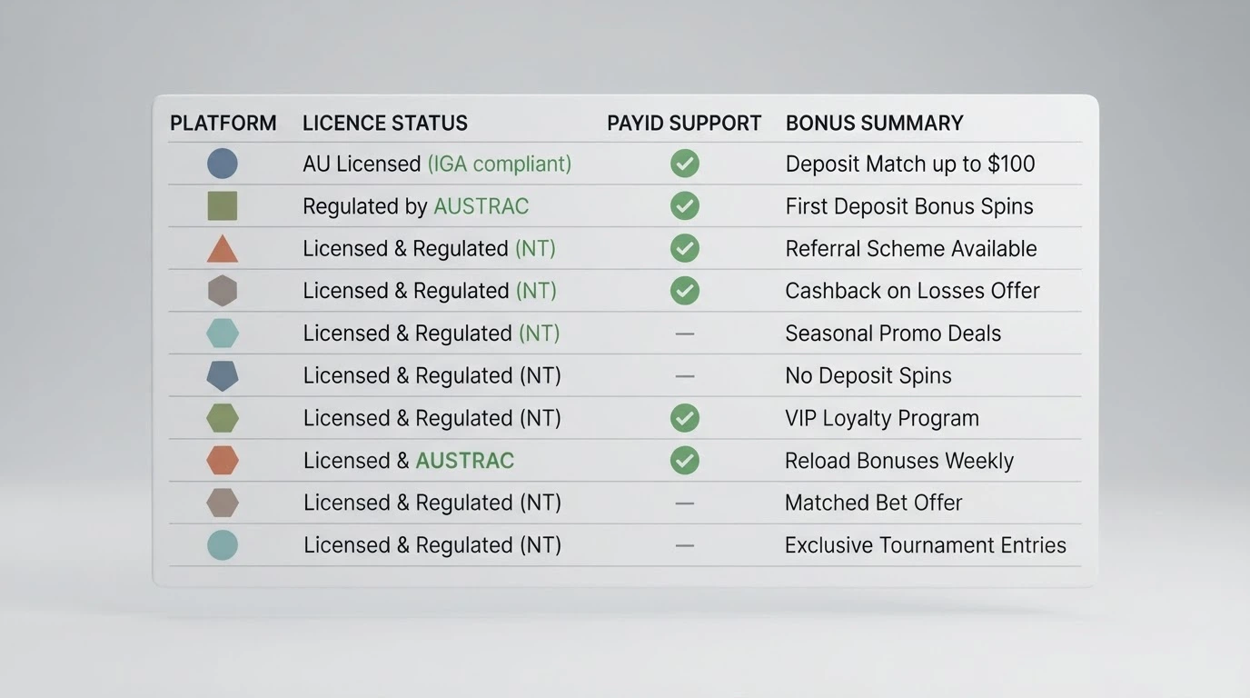 A summary comparison layout showing casino names beside check marks for PayID support, bonus type and licence status