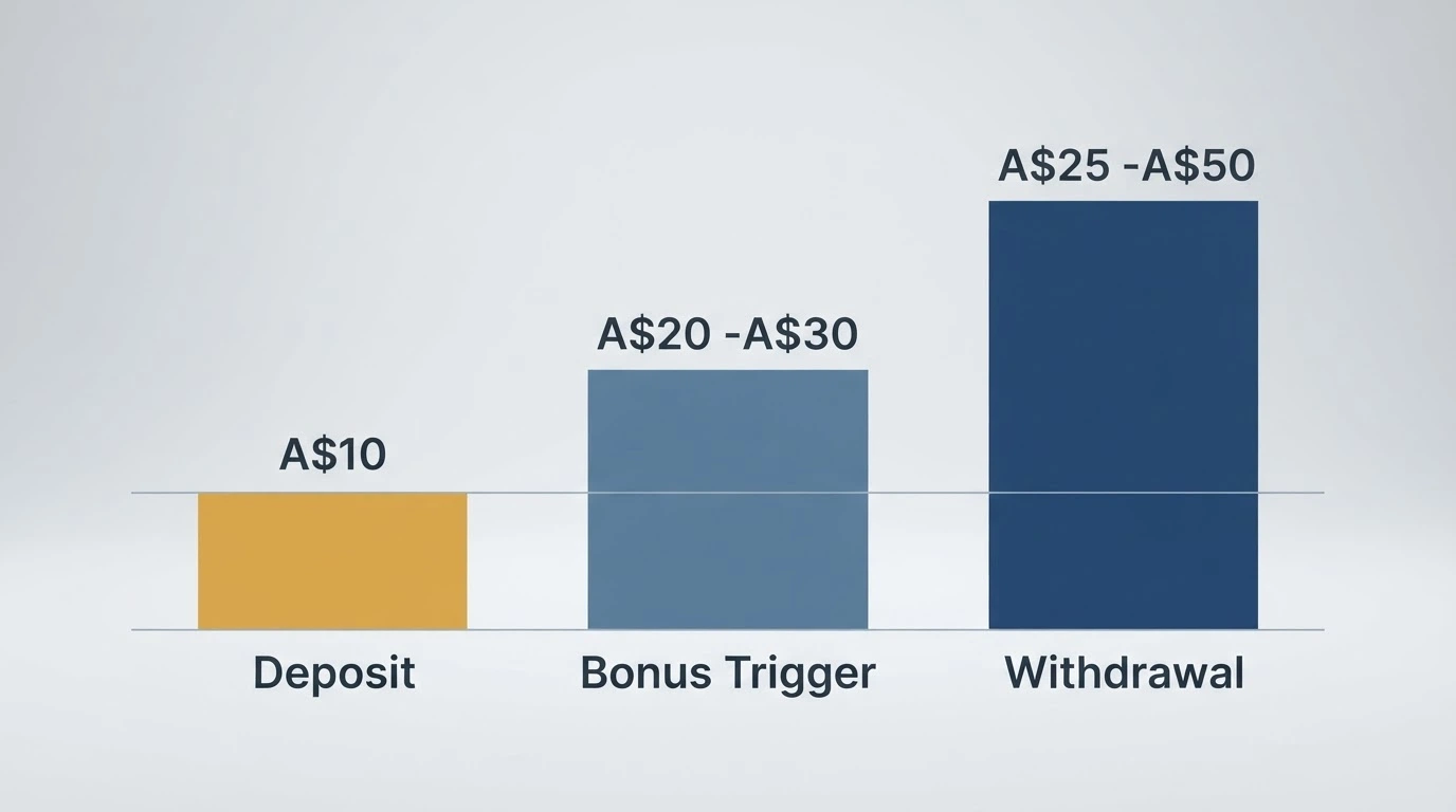 A simplified graphic comparing the key figures across featured operators — deposit minimum, bonus trigger threshold, and withdrawal minimum — with the gap between each highlighted