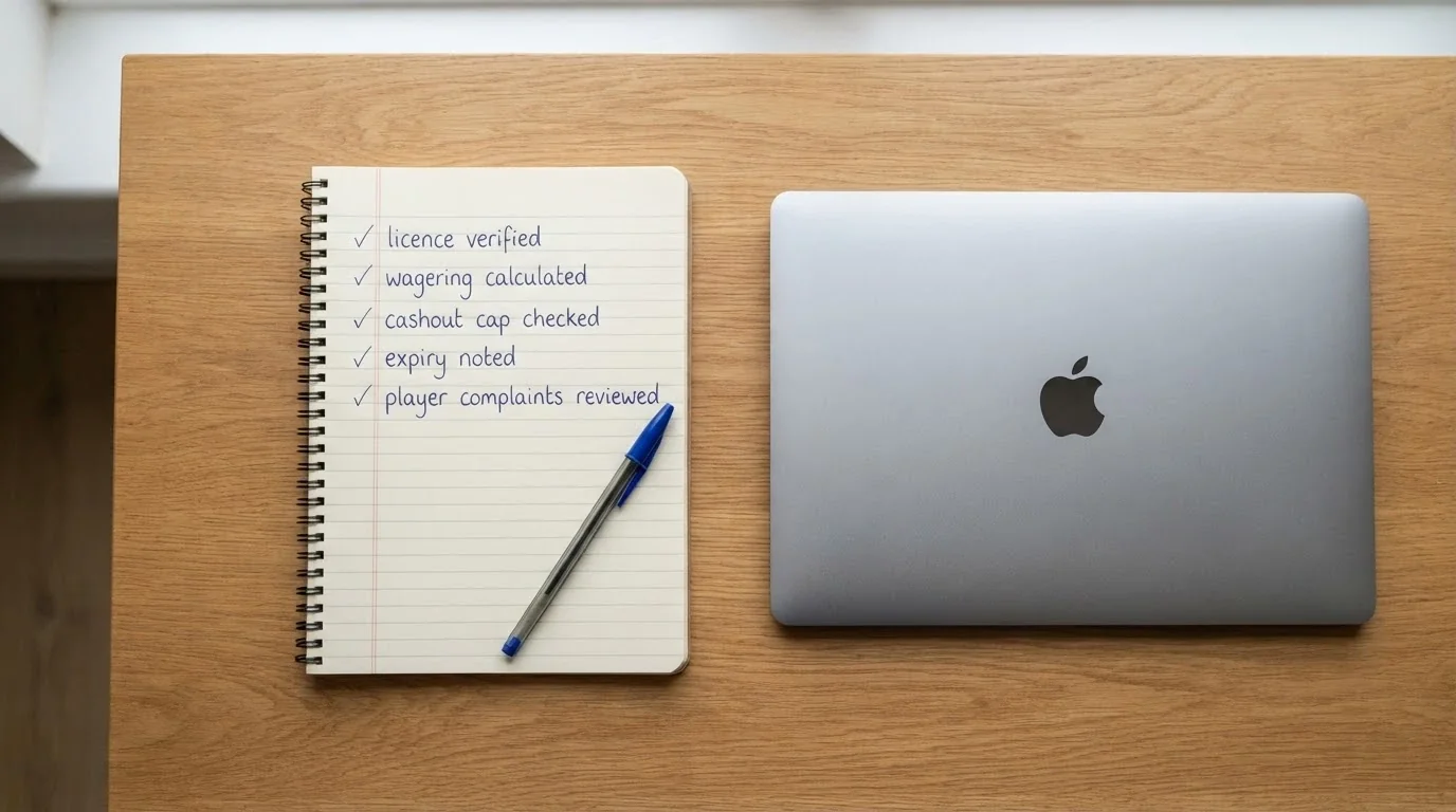 A desk with a notepad showing a handwritten checklist: licence verified, wagering calculated, cashout cap checked, expiry noted, player complaints reviewed