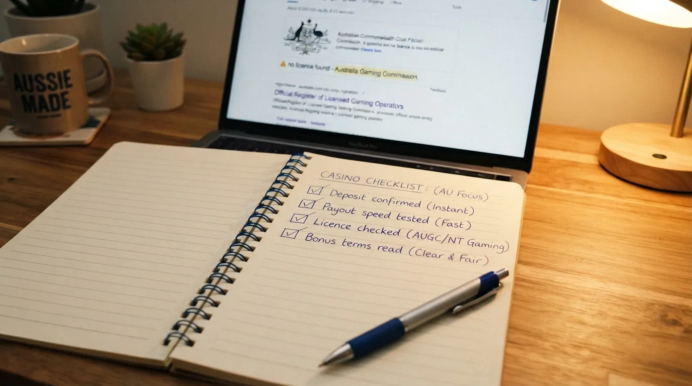 A notepad with a checklist of evaluation criteria — deposit confirmed, payout speed tested, licence checked, bonus terms read — beside an ACMA register search result showing “no licence found”