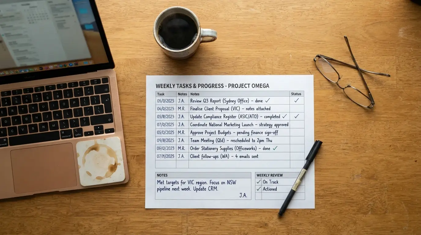 A clean overhead shot of evaluation criteria notes on a desk with a pen, arranged as a checklist beside a laptop