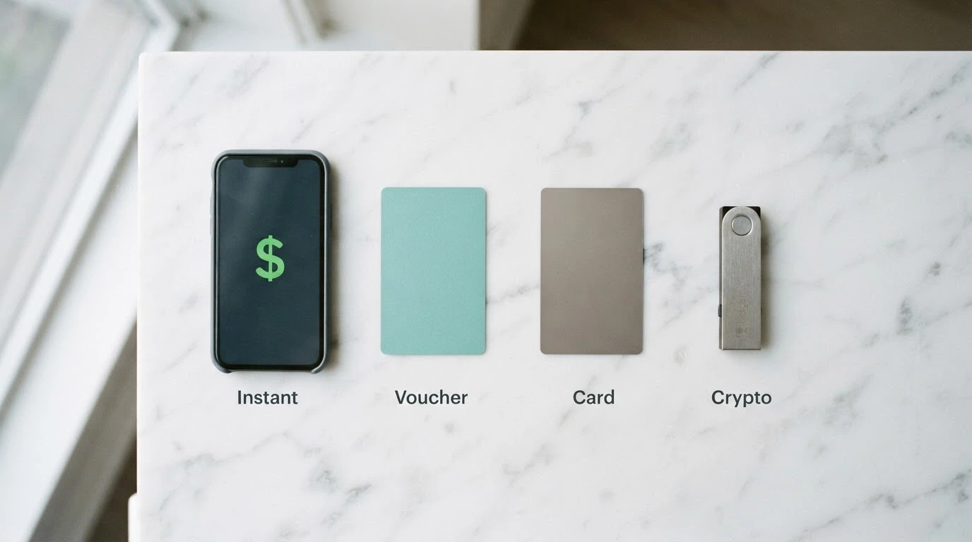 A visual grid of payment method icons — PayID, Neosurf voucher, debit card, crypto wallet — arranged in order of speed from instant to slowest