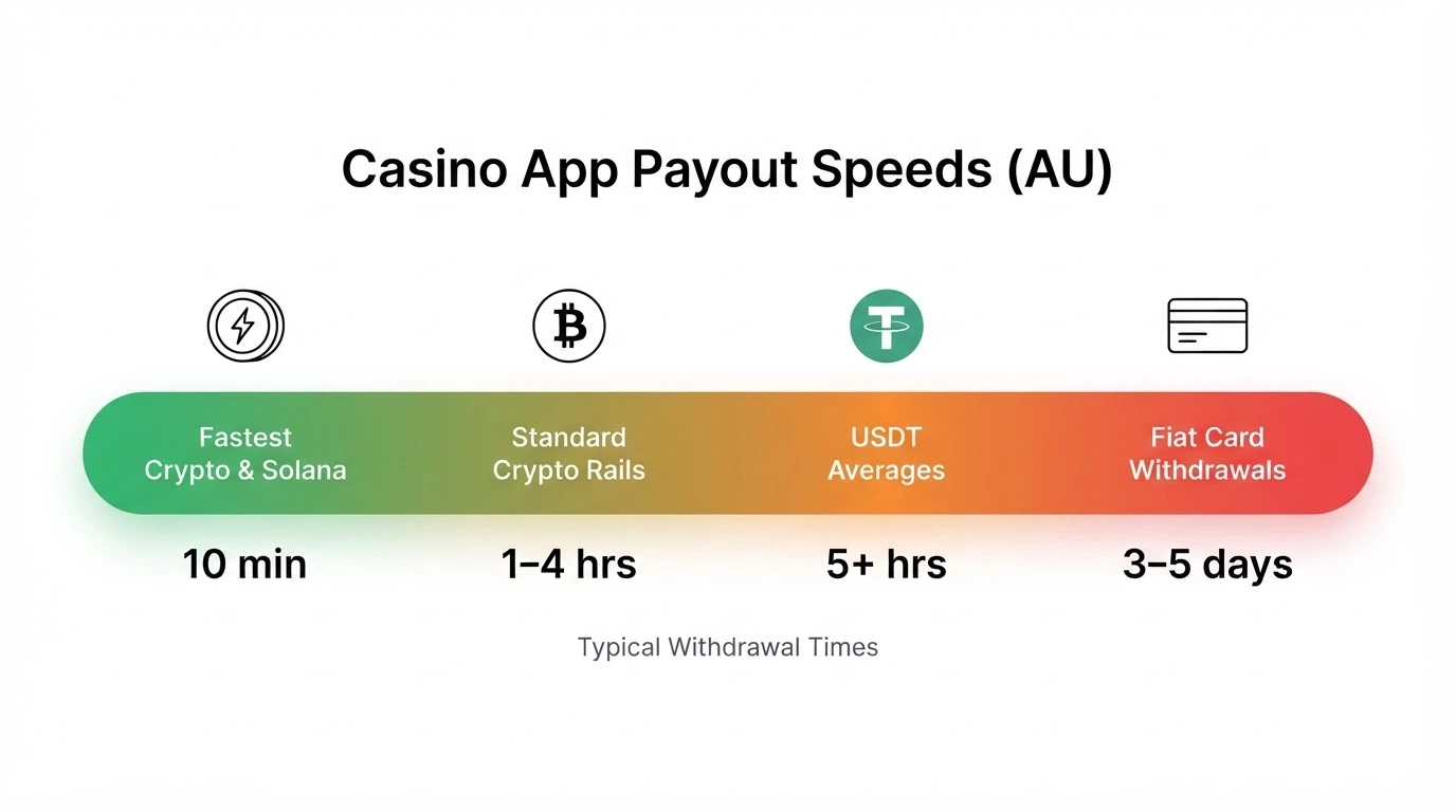 A timeline graphic showing payout speeds from 10 minutes (crypto/Solana) through to 5+ hours (fiat), with payment-method icons along the bar