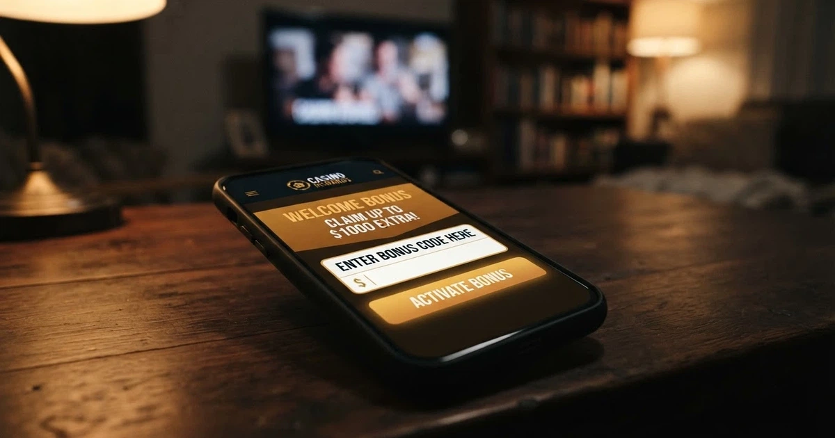 A smartphone screen showing an online casino bonus code entry field with a welcome offer banner beneath it