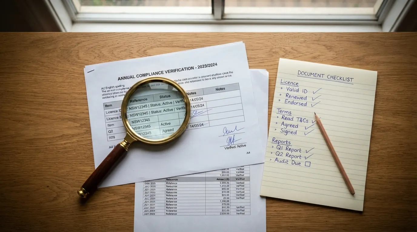 A checklist and magnifying glass over casino licence registers, bonus terms documents and player reports