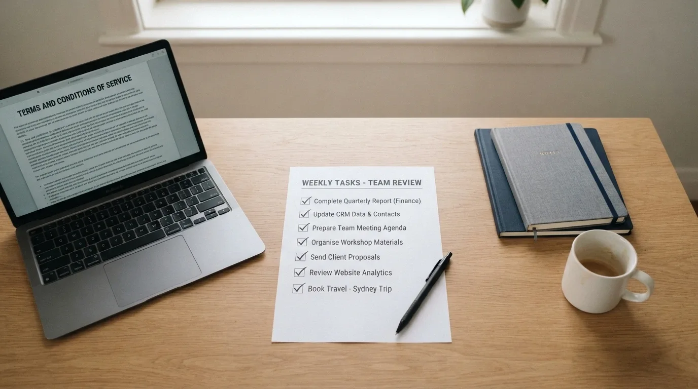 A workspace-style frame showing a checklist of evaluation criteria — operator T&C pages, licence verification and ACMA register — over a desk background