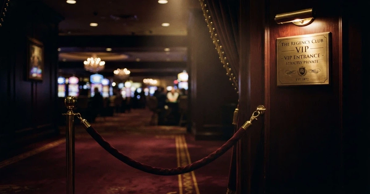 A darkened casino interior with a single spotlight on a velvet rope and a VIP plaque, silhouetting an entryway beyond