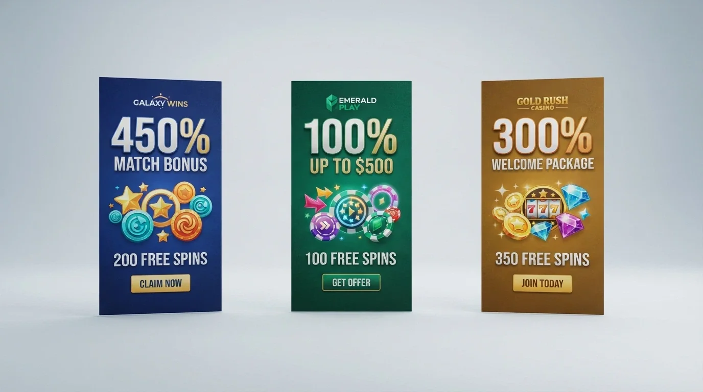 A side-by-side view of several online casino welcome-offer banners with different match percentages and free-spin counts, arranged as if being compared